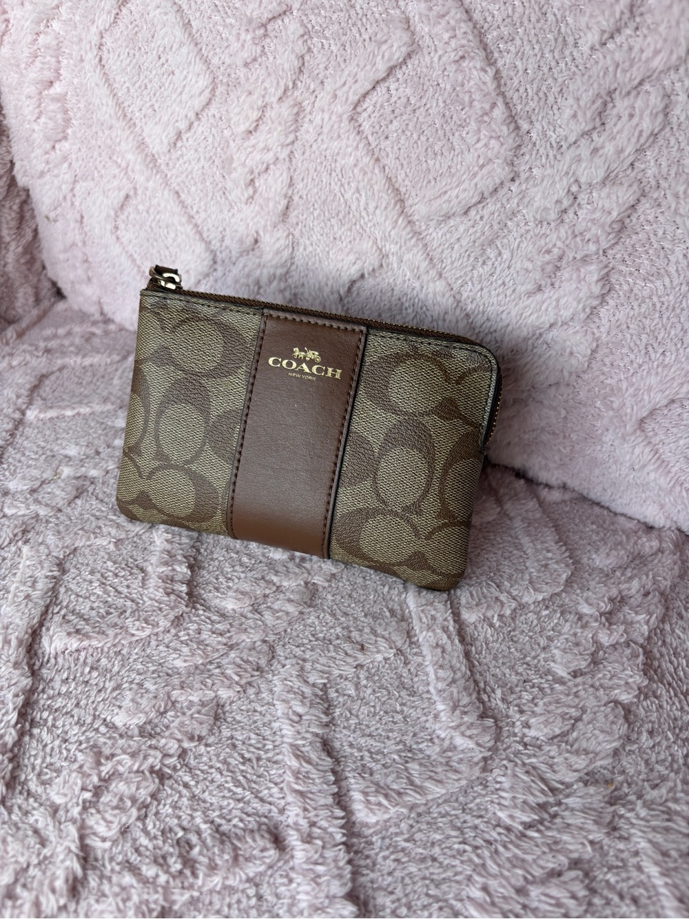 Coach Brown Signature Zip Card Case with Gold Logo wristlet